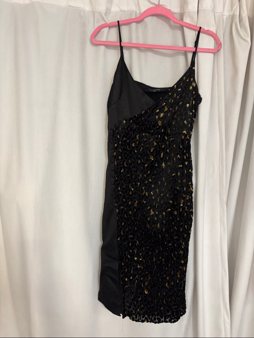INTERMIX Black and Gold One-Shoulder Slip Dress